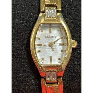 Elgin Women EG193N Mother Of Pearl Dial Gold Tone Tonneau 18mm Quartz Watch 7"